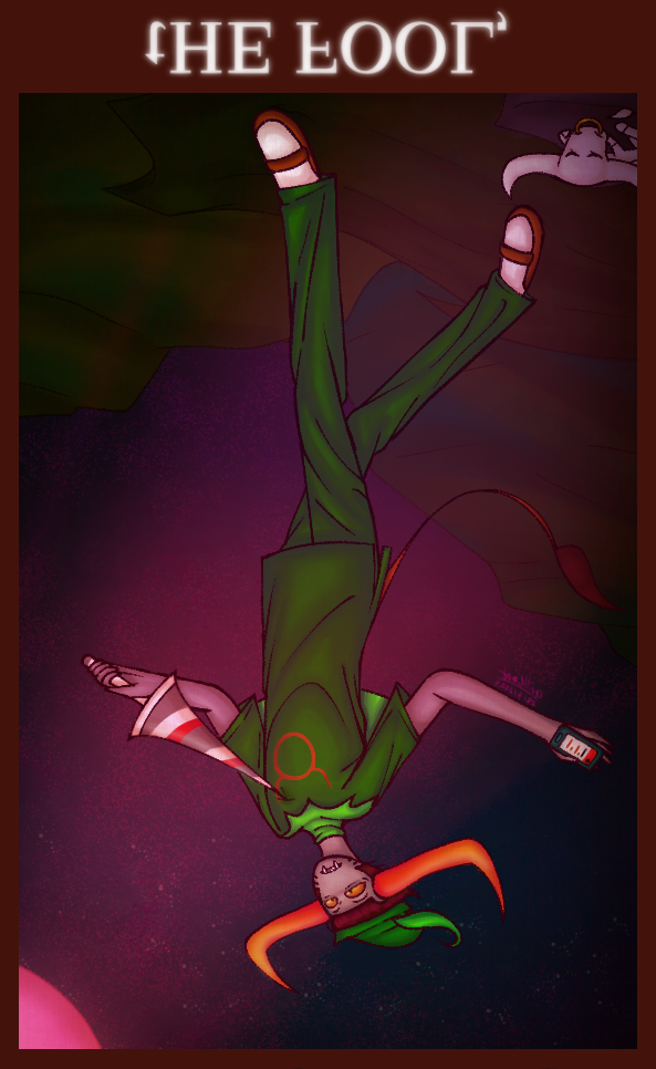 A depiction of a reversed The Fool tarot card, but with a boy skylark Tavros on it.